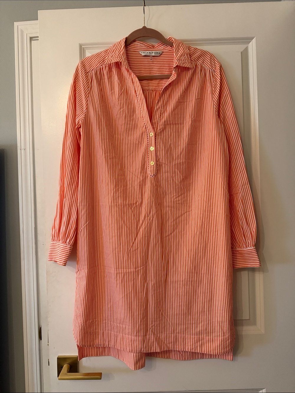 Trina Turk Orange and White really Cute  Striped Button-Down Dress Size Lg